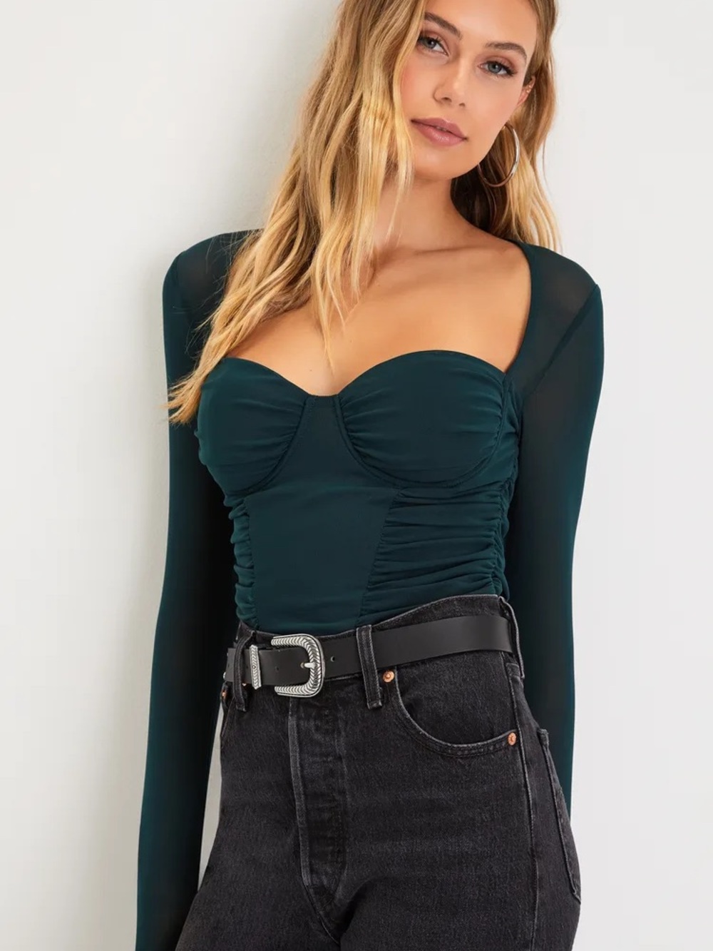 Lulu's Deep Teal Sweetheart Ruched Bodysuit